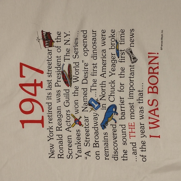 1947 Born T Shirt by Frances Meyer Inc Vintage 90's 100 Cotton Tee Single Stitch - Picture 2 of 5